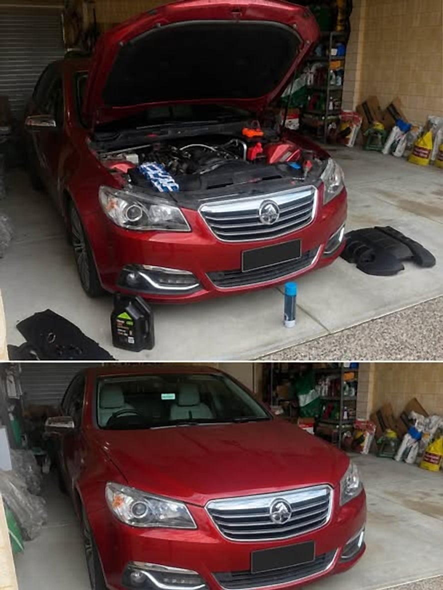 The red Calais in a garage, shown with the bonnet open and closed