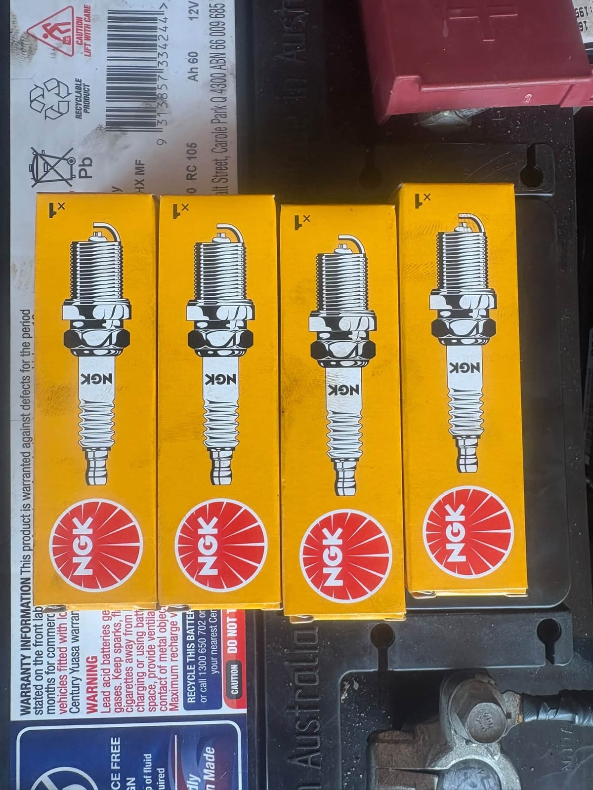 Four new NGK spark plugs in their packaging
